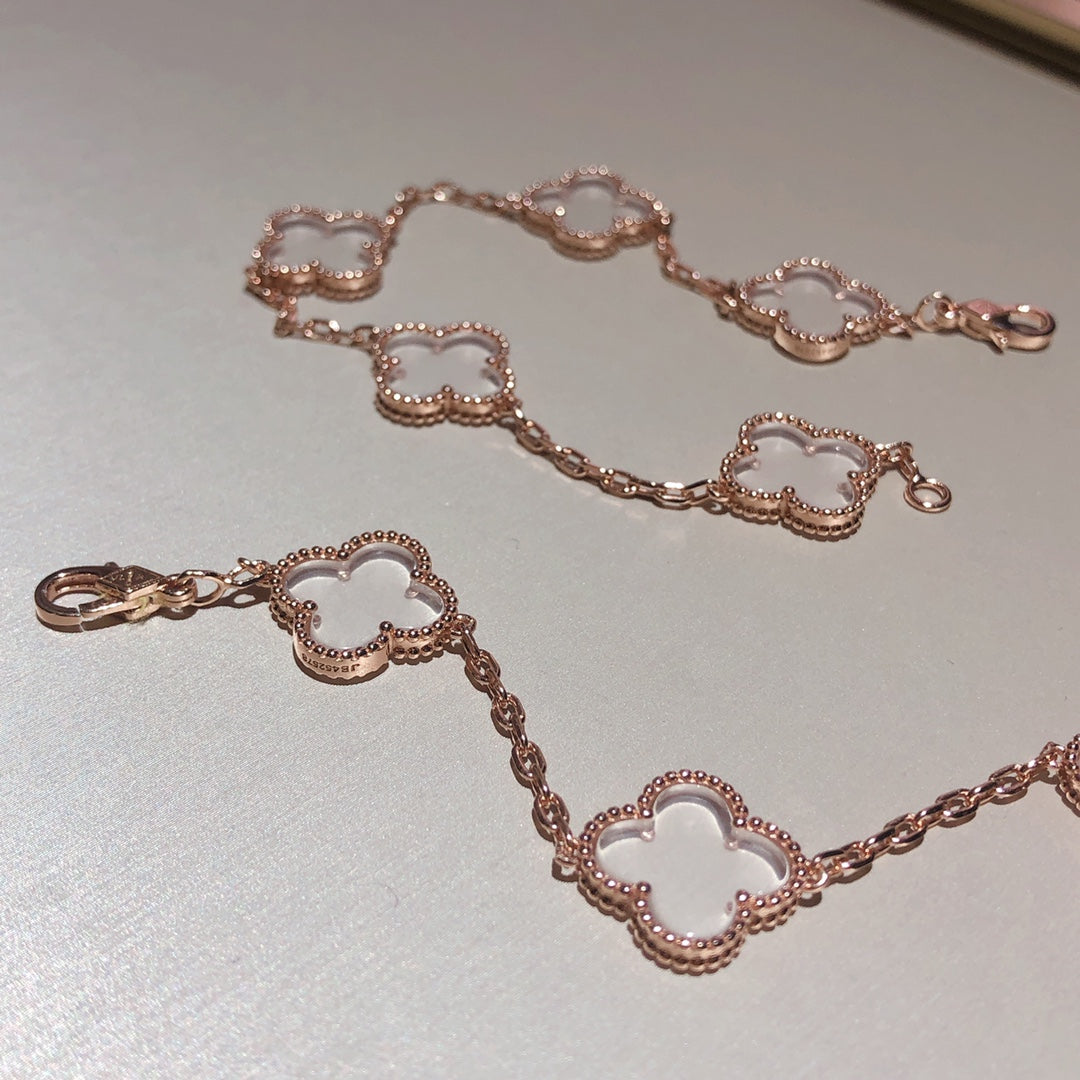 [Lumi Jewels]CLOVER 5 MOTIF ROCK CRYSTAL PINK GOLD BRACELET