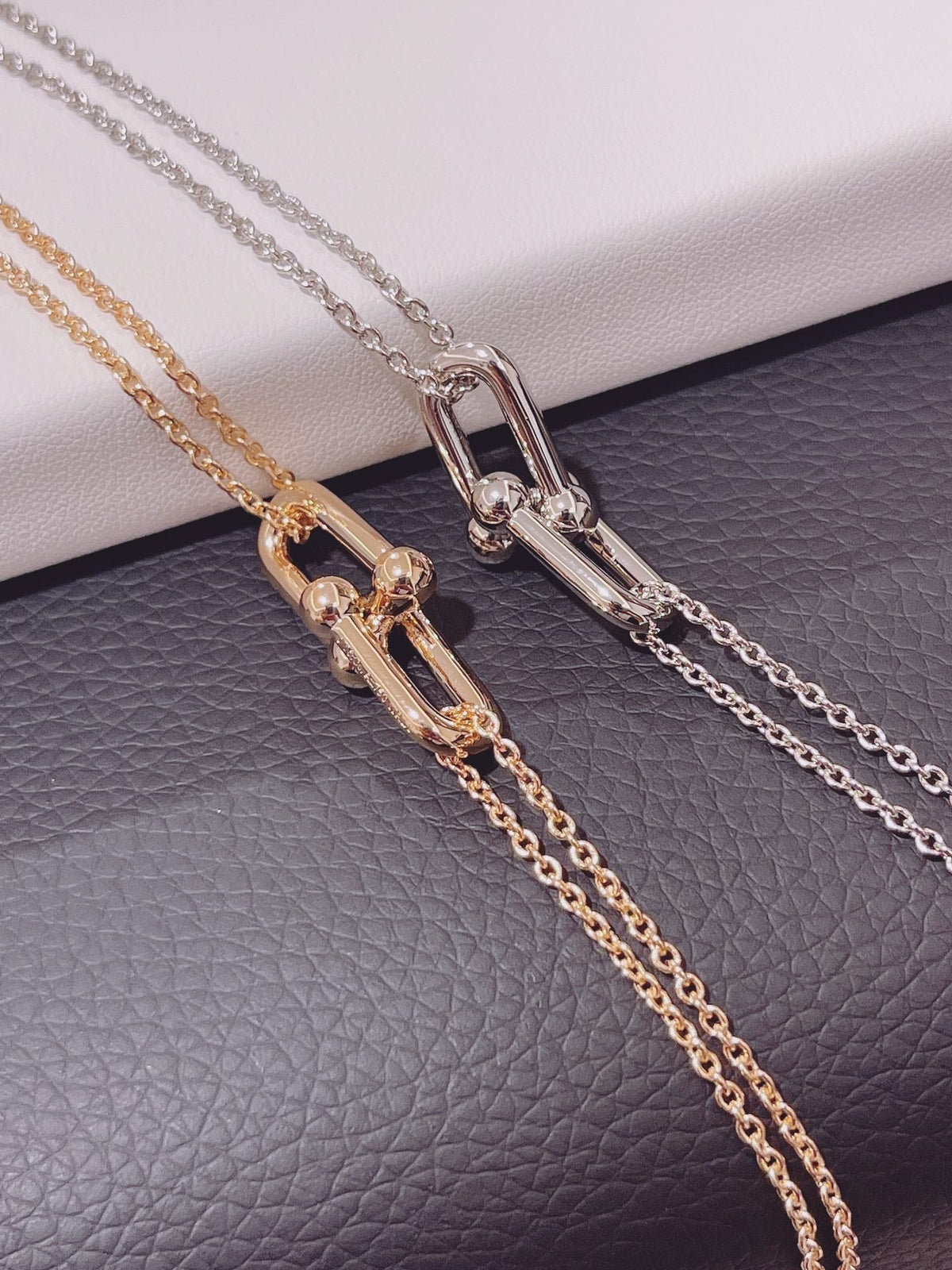 [Lumi Jewelry]HARDWEAR DOUBLE LINK PEDANT PINK GOLD NECKLACE