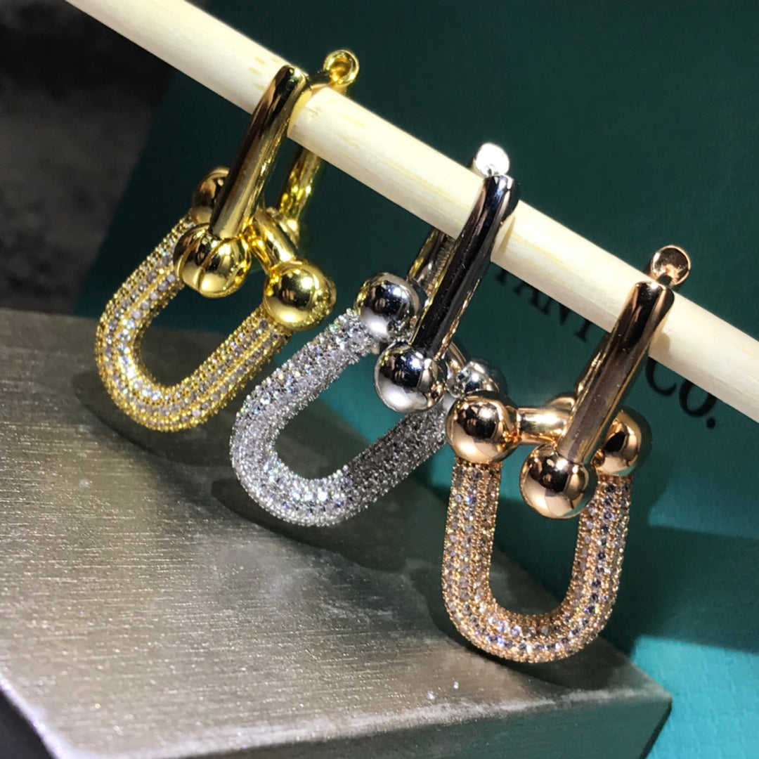 [Lumi Jewelry]HARDWARE DROP EARRINGS DOUBLE LINK DIAMOND