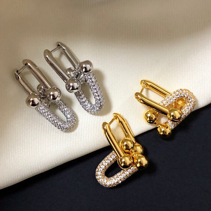 [Lumi Jewelry]HARDWARE DROP EARRINGS DOUBLE LINK DIAMOND
