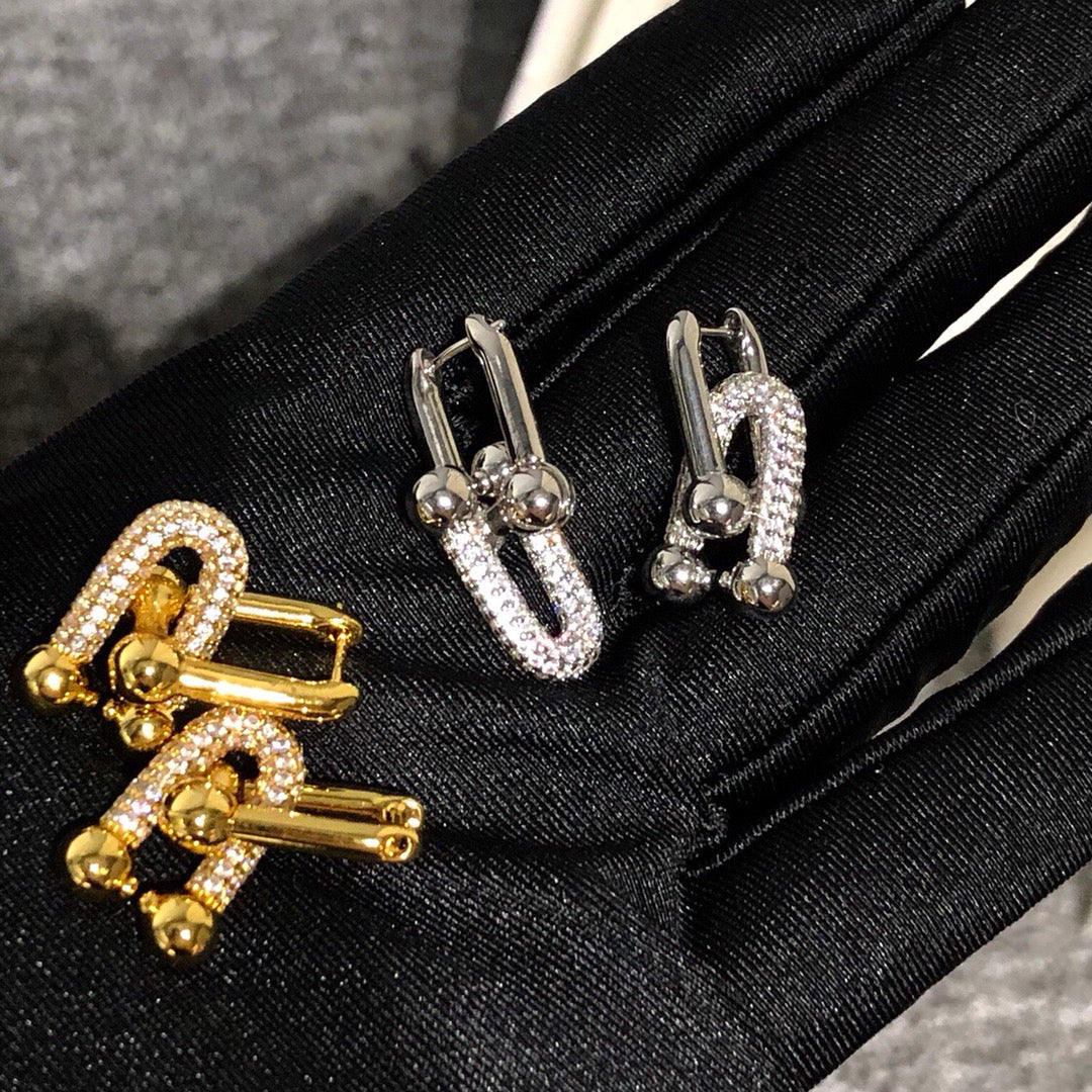 [Lumi Jewelry]HARDWARE DROP EARRINGS DOUBLE LINK DIAMOND