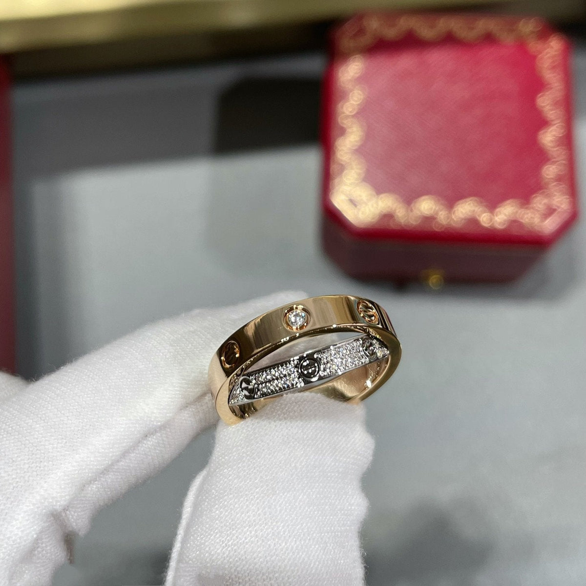 [Lumi Jewelry]LOVE PINK GOLD SILVER DIAMOND DOUBLE RING