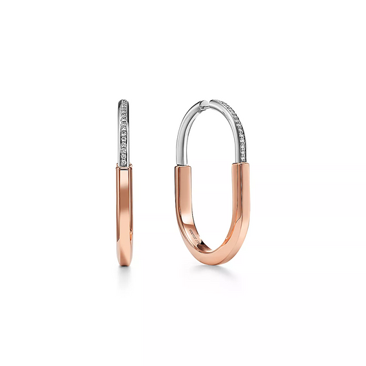 [Lumi Jewelry]LOCK EARRINGS ROSE AND WHITE GOLD DIAMONDS EXTRA LARGE
