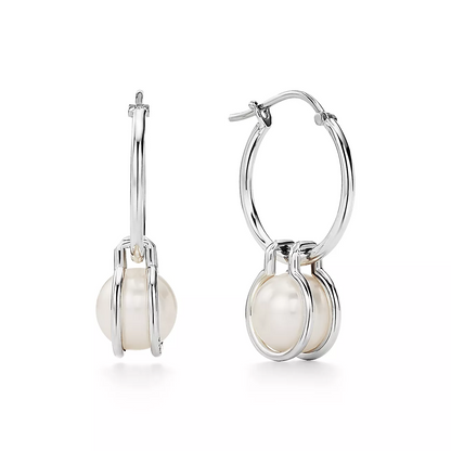 [Lumi Jewelry]PEARL HOOP SILVER EARRINGS