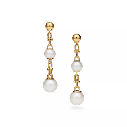 [Lumi Jewelry]TRIPLE DROP LINK EARRINGS GOLD WITH FRESHWATER PEARLS