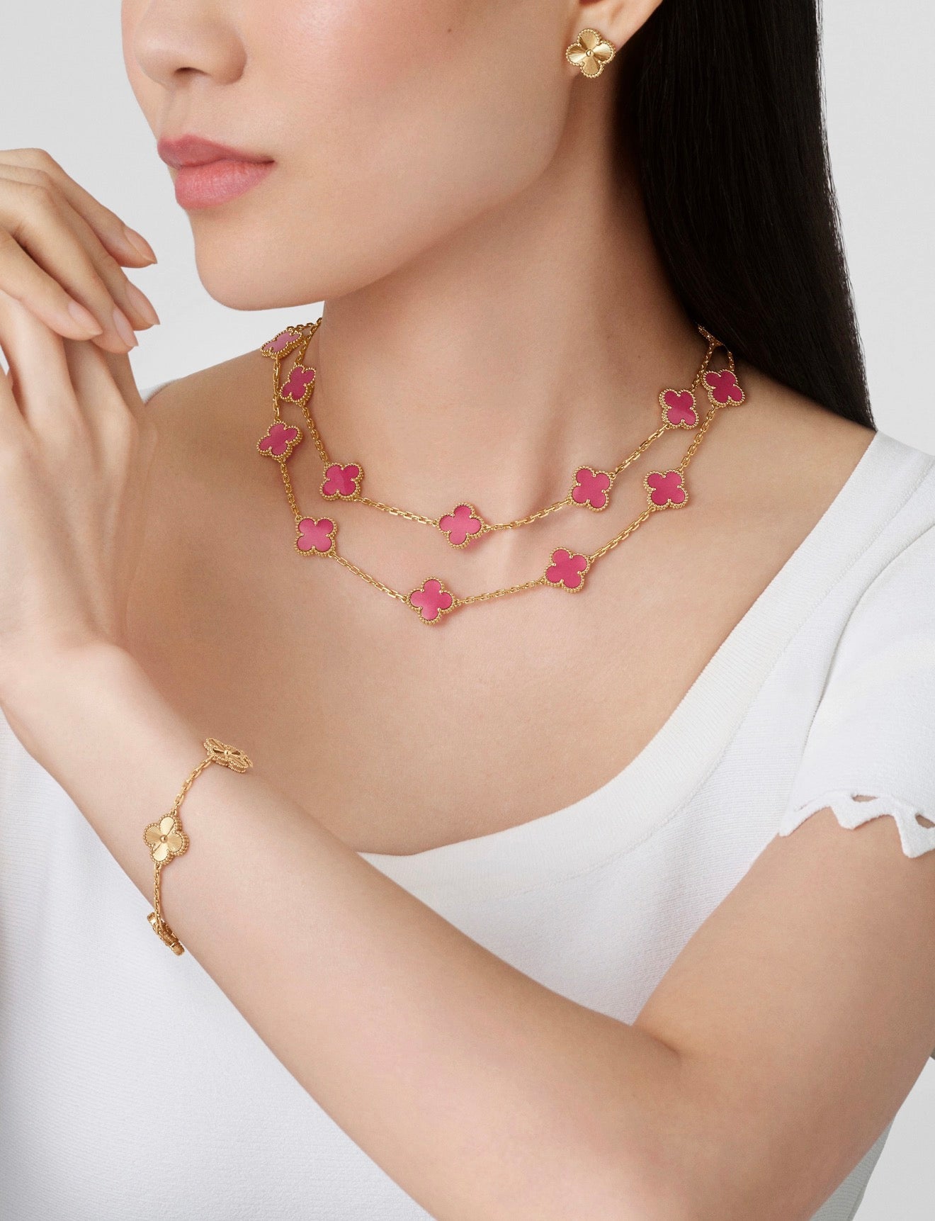[Lumi Jewelry]CLOVER 20 MOTIFS PINK ENAMEL NECKLACE