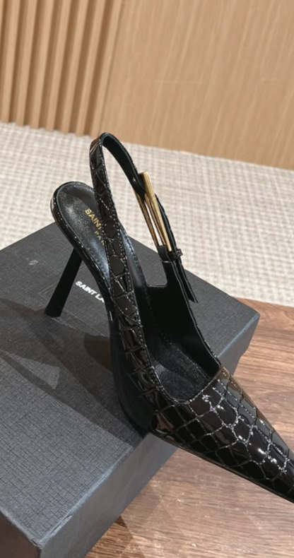 Croc‑Embossed Pointed‑Toe Slingback Stiletto Heels