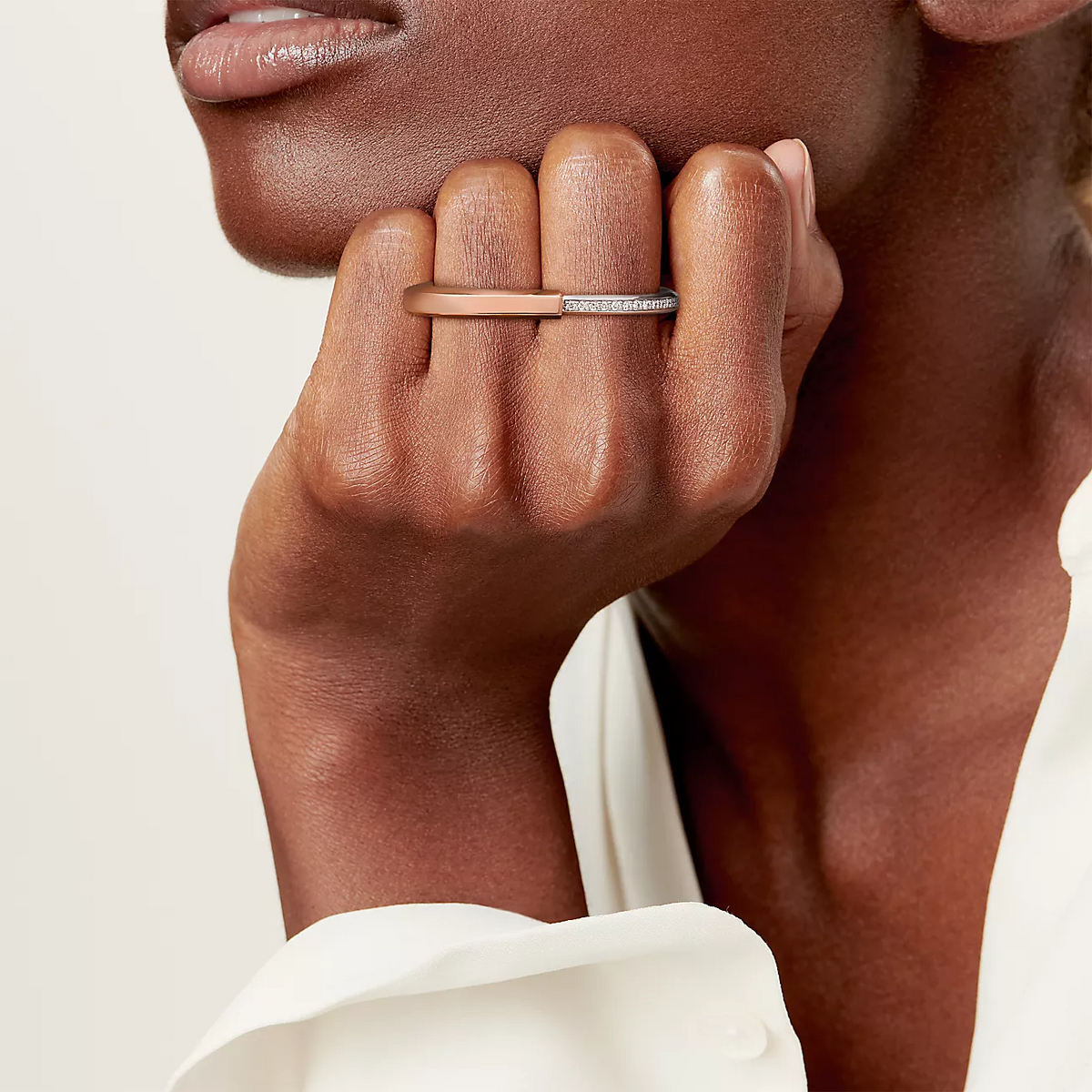 [Lumi Jewelry]LOCK RING TOW-FINGER ROSE AND WHITE GOLD DIAMONDS
