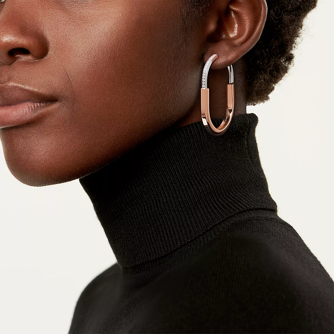 [Lumi Jewelry]LOCK EARRINGS ROSE AND WHITE GOLD DIAMONDS EXTRA LARGE