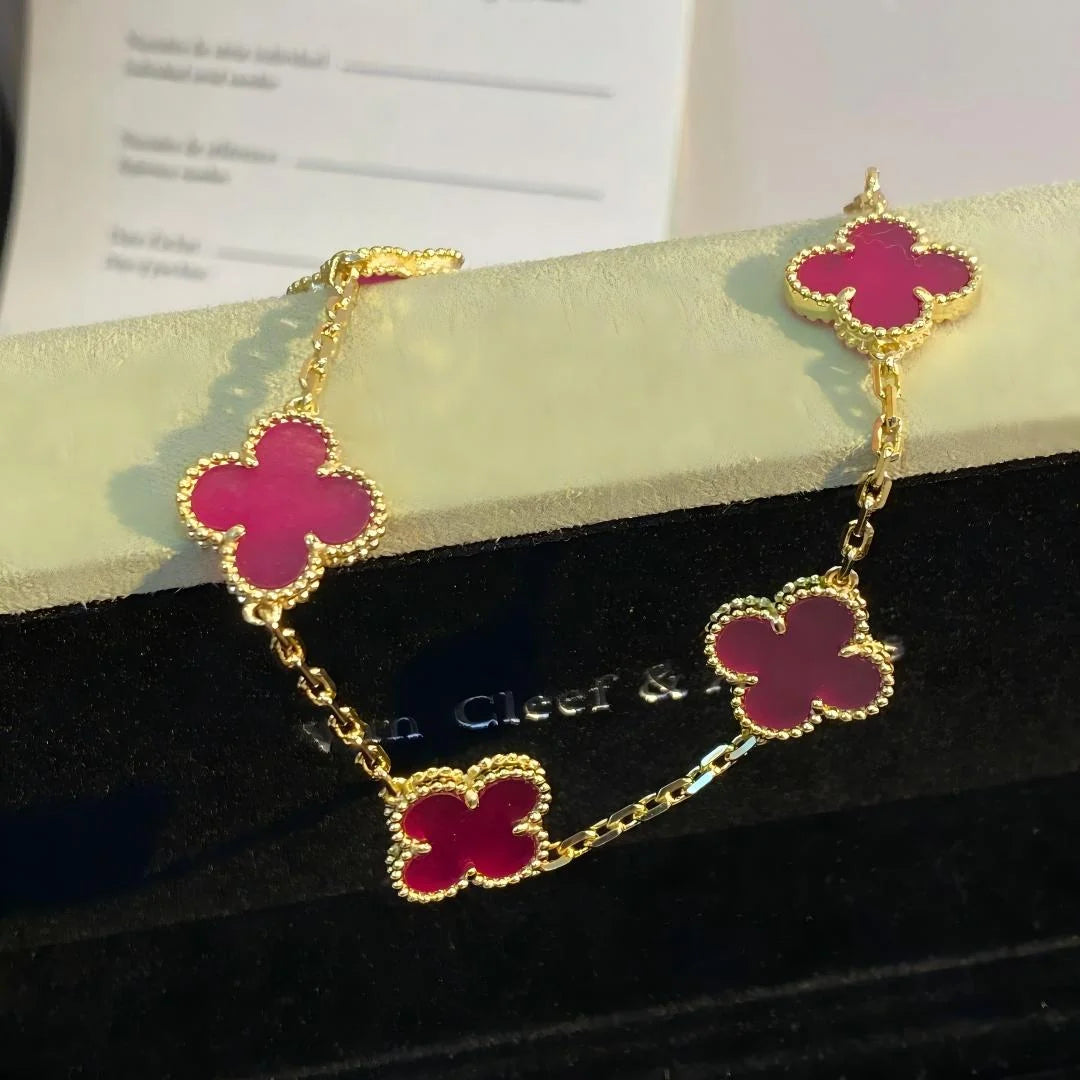[Lumi Jewelry]CLOVER 5 MOTIFS PINK ENAMEL BRACELET