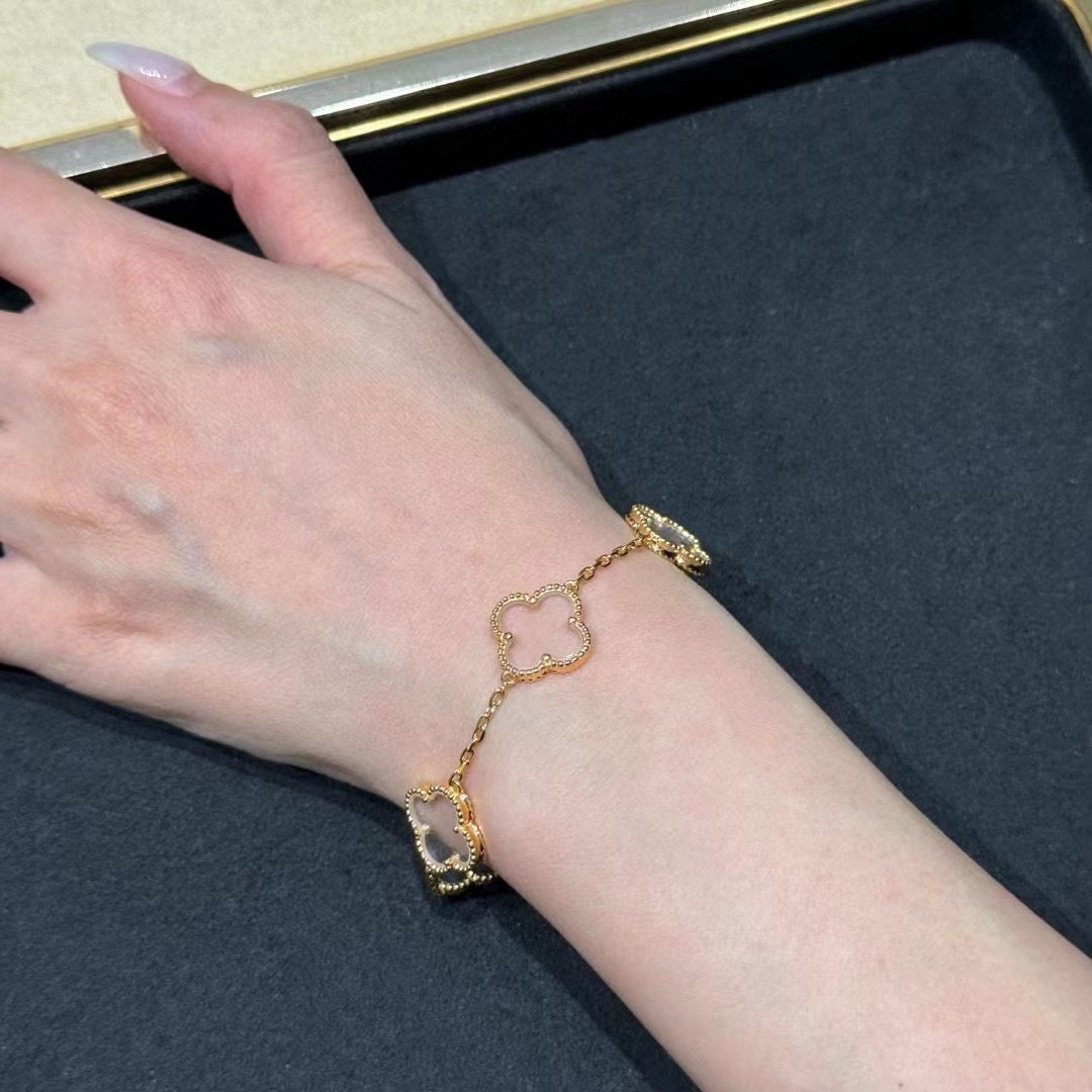 [Lumi Jewels]CLOVER 5 MOTIF ROCK CRYSTAL PINK GOLD BRACELET