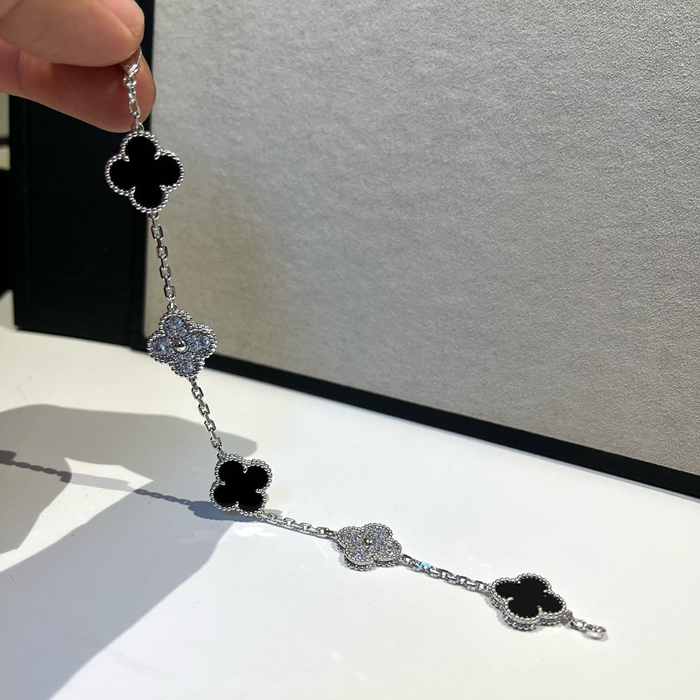 [Lumi Jewels]CLOVER 5 MOTIF ONYXS DIAMOND BRACELET SILVER