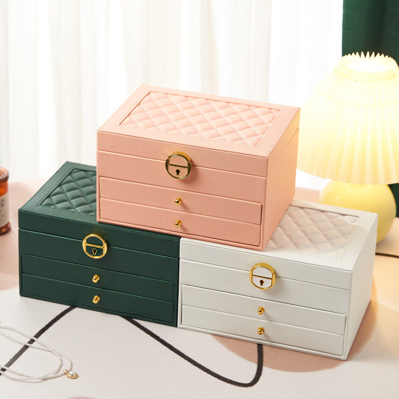 RHOMBUS PATTERN THREE-LAYER JEWELRY BOX WITH LOCK