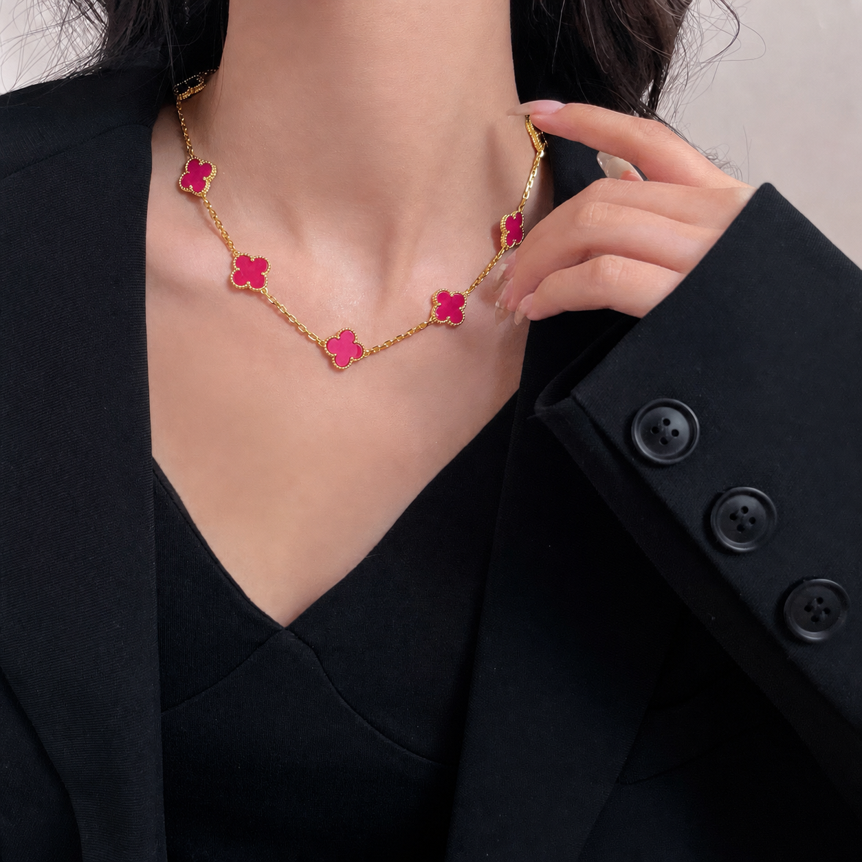 [Lumi Jewelry]CLOVER 10 MOTIFS PINK ENAMEL NECKLACE