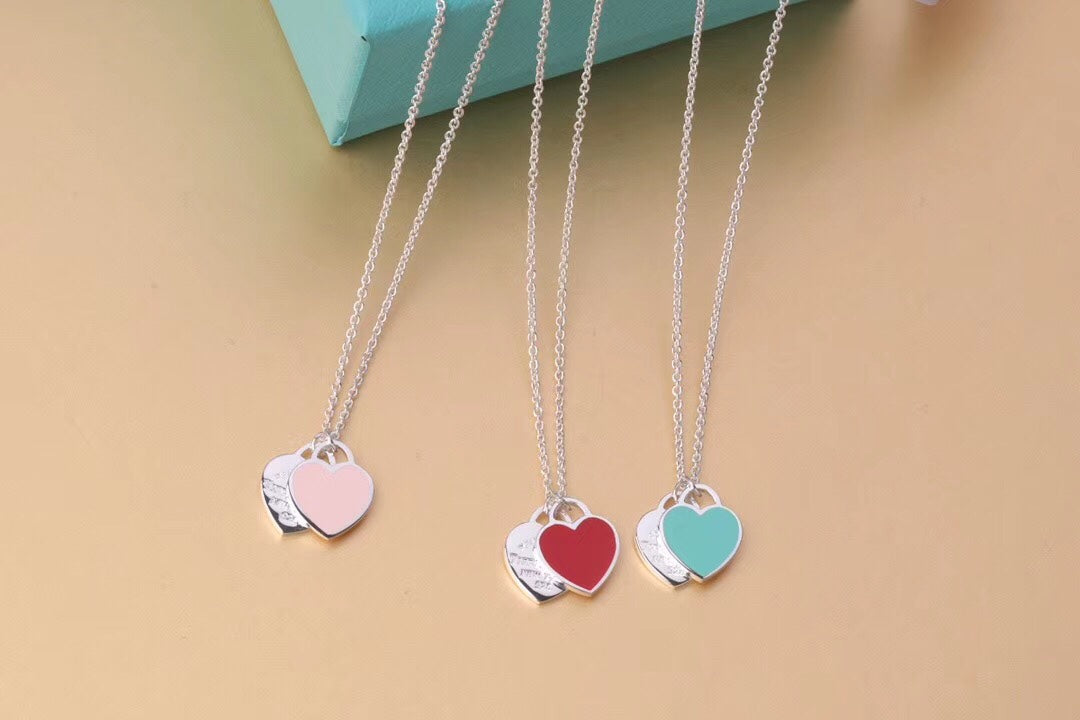 [Lumi Jewelry]DOUBLE HEART TAG PENDANT SILVER MINI NECKLACE