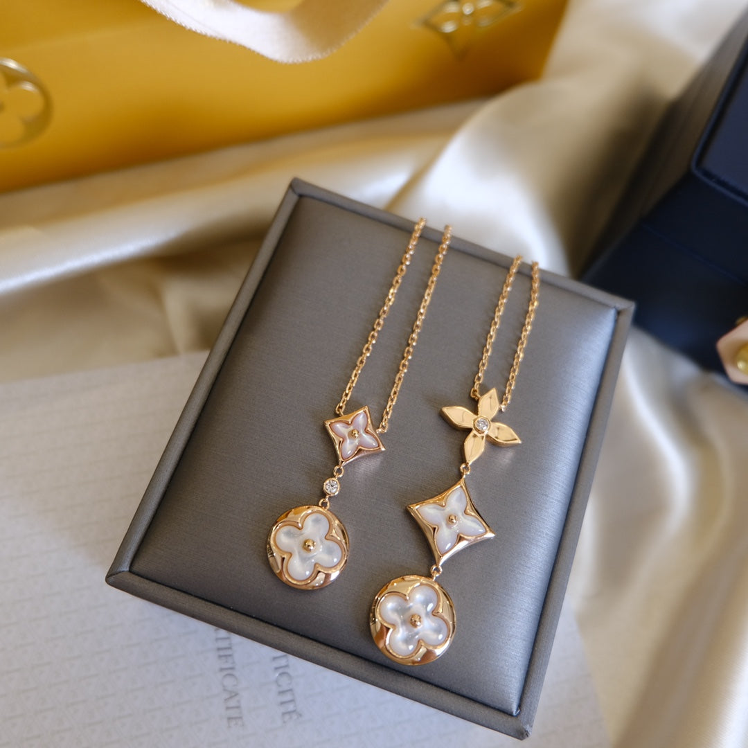 [Lumi Jewels]COLOR BLOSSOM LARIAT NECKLACE PINK GOLD WHITE MOTHER PEARL AND DIAMOND