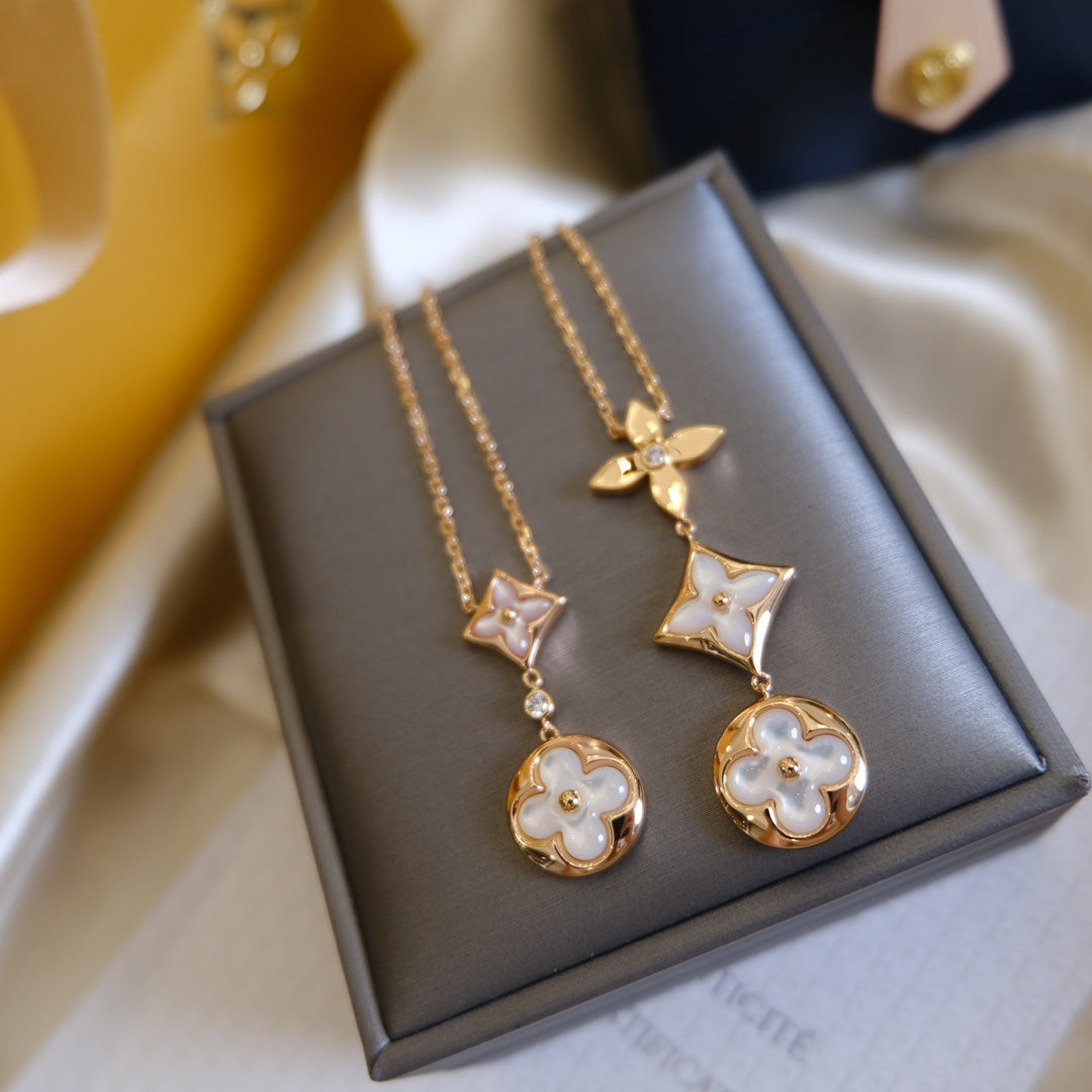 [Lumi Jewels]COLOR BLOSSOM LARIAT NECKLACE PINK GOLD WHITE MOTHER PEARL AND DIAMOND