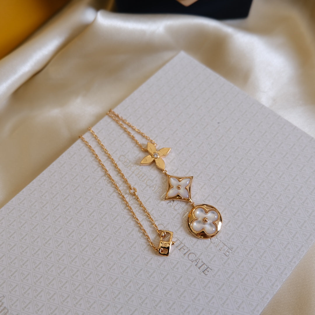 [Lumi Jewels]COLOR BLOSSOM LARIAT NECKLACE PINK GOLD WHITE MOTHER PEARL AND DIAMOND