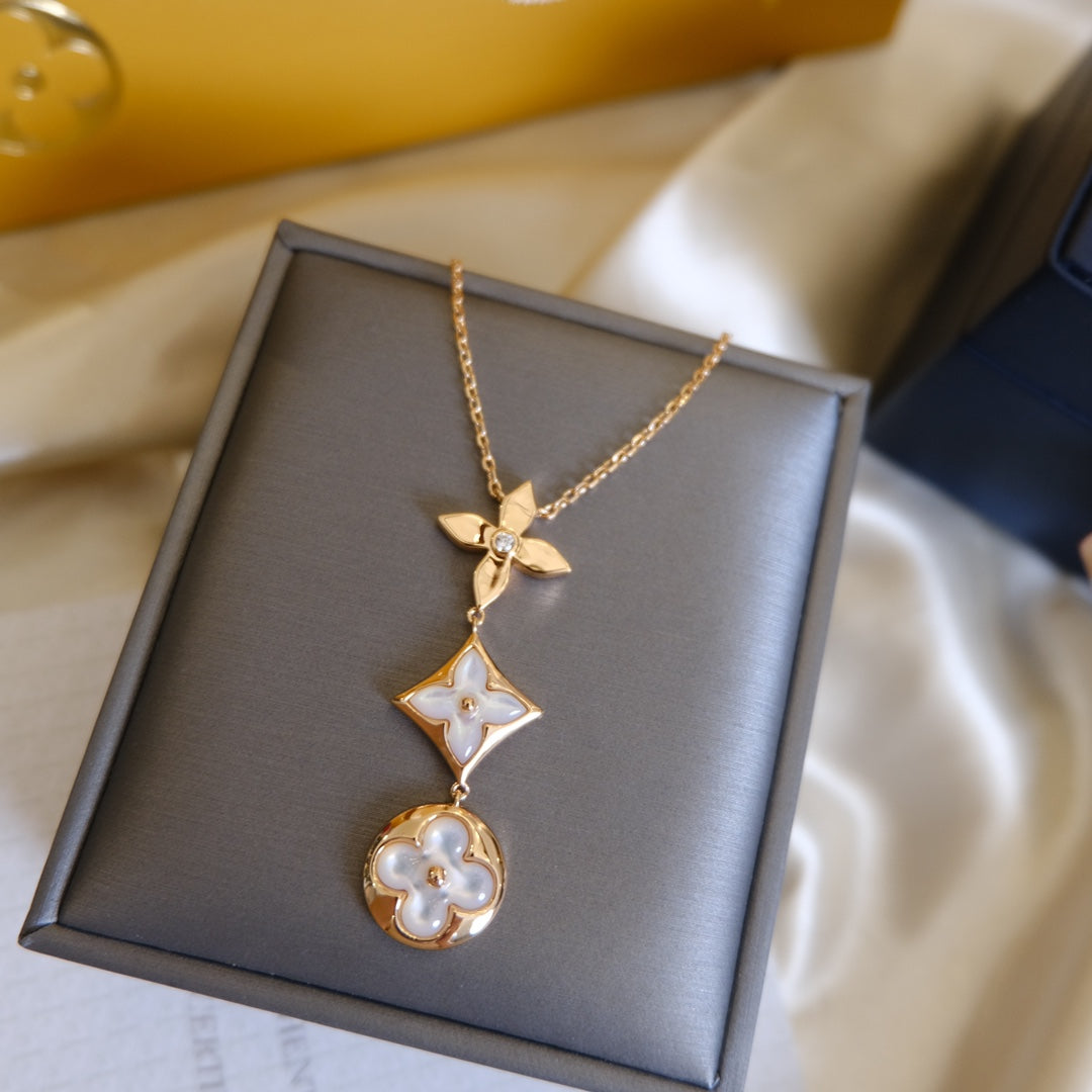 [Lumi Jewels]COLOR BLOSSOM LARIAT NECKLACE PINK GOLD WHITE MOTHER PEARL AND DIAMOND