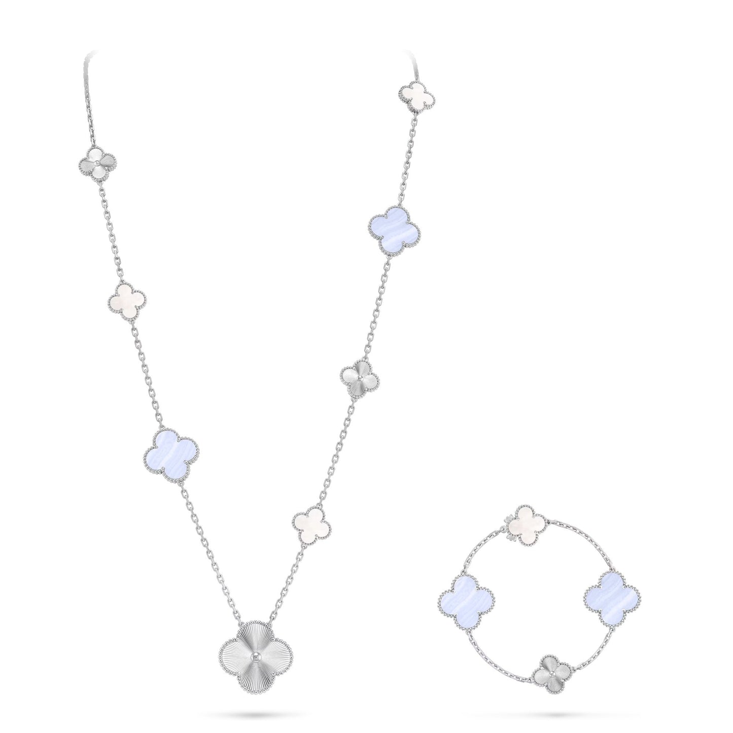 [Lumi Jewels]DETACHABLE CLOVER 15(11+4) FLOWER SILVER NECKLACE SET