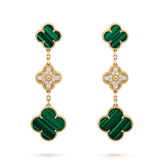[Lumi Jewels]CLOVER EARRINGS GOLD MALACHITE DIAMOND 3 MOTIF