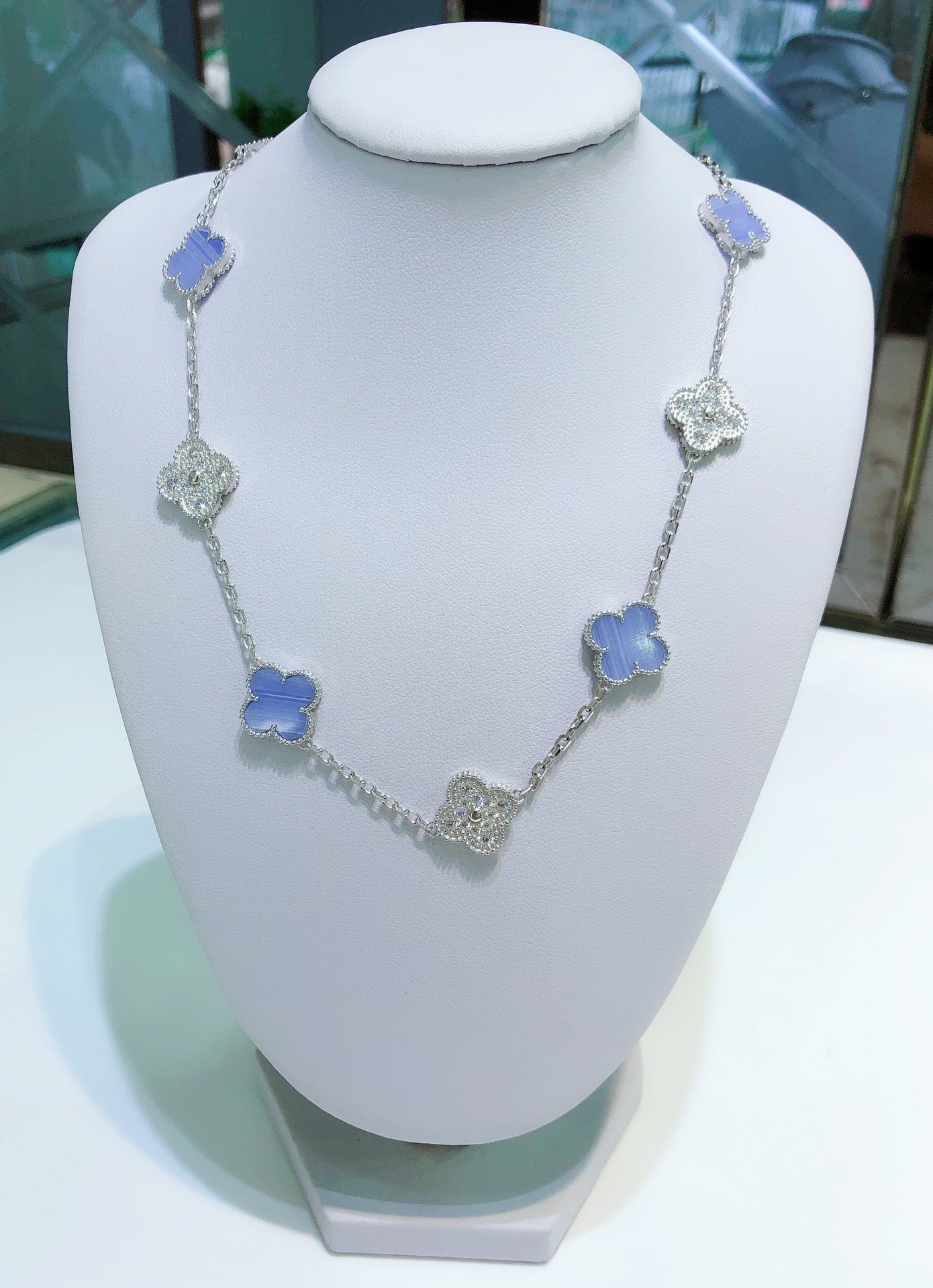 [Lumi Jewelry]CLOVERS THE 10-MOTIFS CHALCEDONY DIAMONDS SILVER NECKLACE