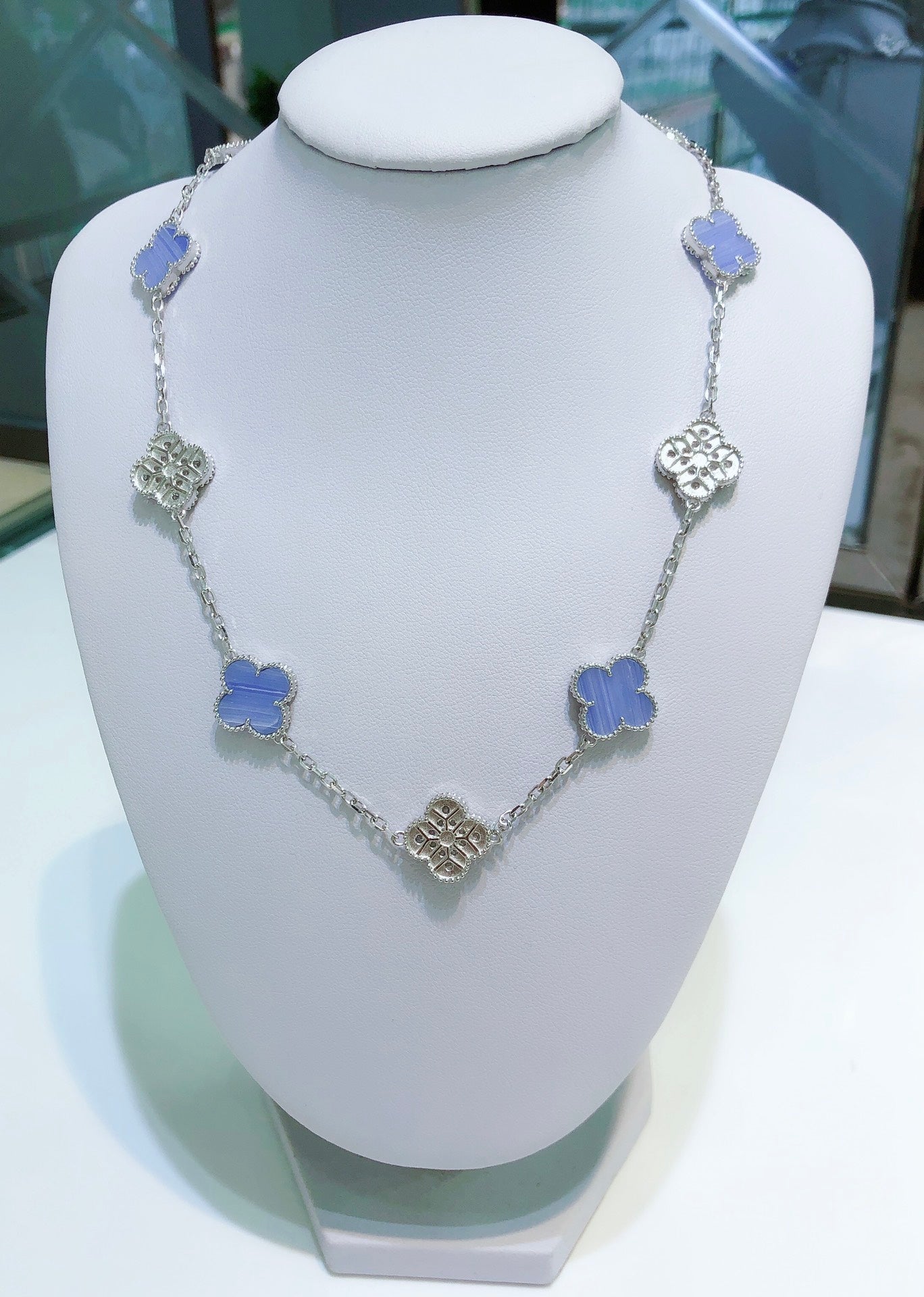 [Lumi Jewels]CLOVERS THE 10-MOTIFS CHALCEDONY DIAMONDS SILVER NECKLACE