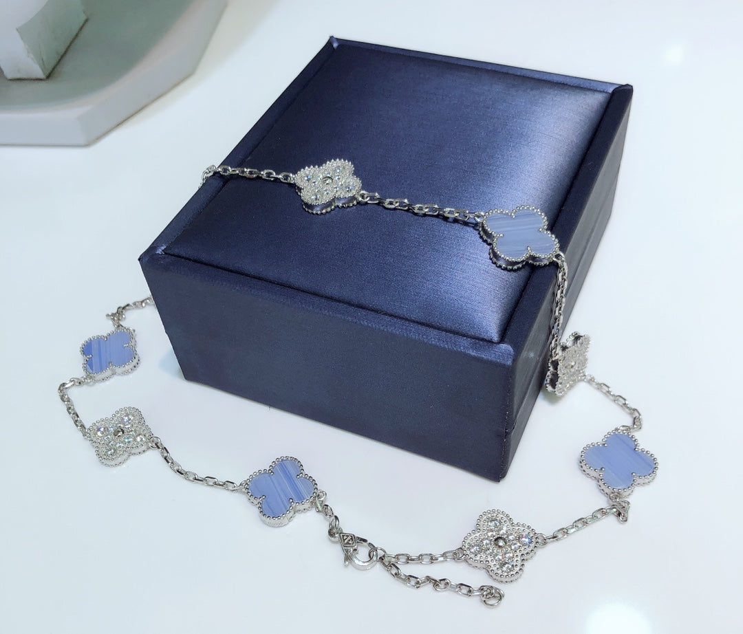 [Lumi Jewels]CLOVER 10 MOTIFS CHALCEDONY DIAMONDS SILVER NECKLACE