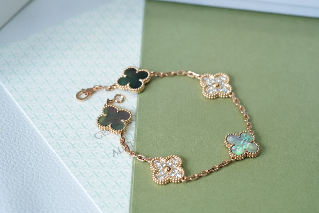 [Lumi Jewels]CLOVER 5 MOTIFS DARK MOP AND DIAMONDS PINK GOLD BRACELET