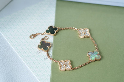 [Lumi Jewels]CLOVER 5 MOTIFS DARK MOP AND DIAMONDS PINK GOLD BRACELET